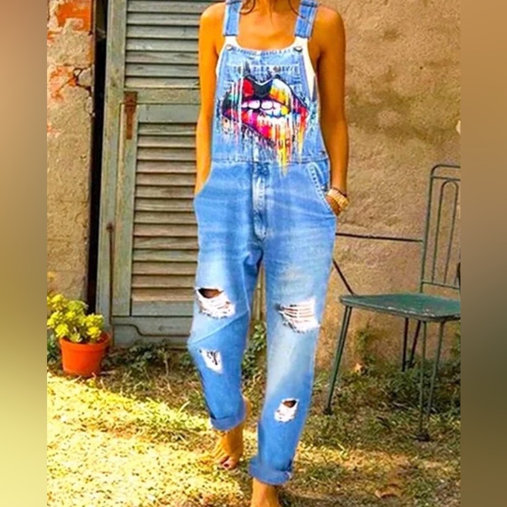 *New* Distressed Light Blue Denim Overalls with Colorful Lip Print
